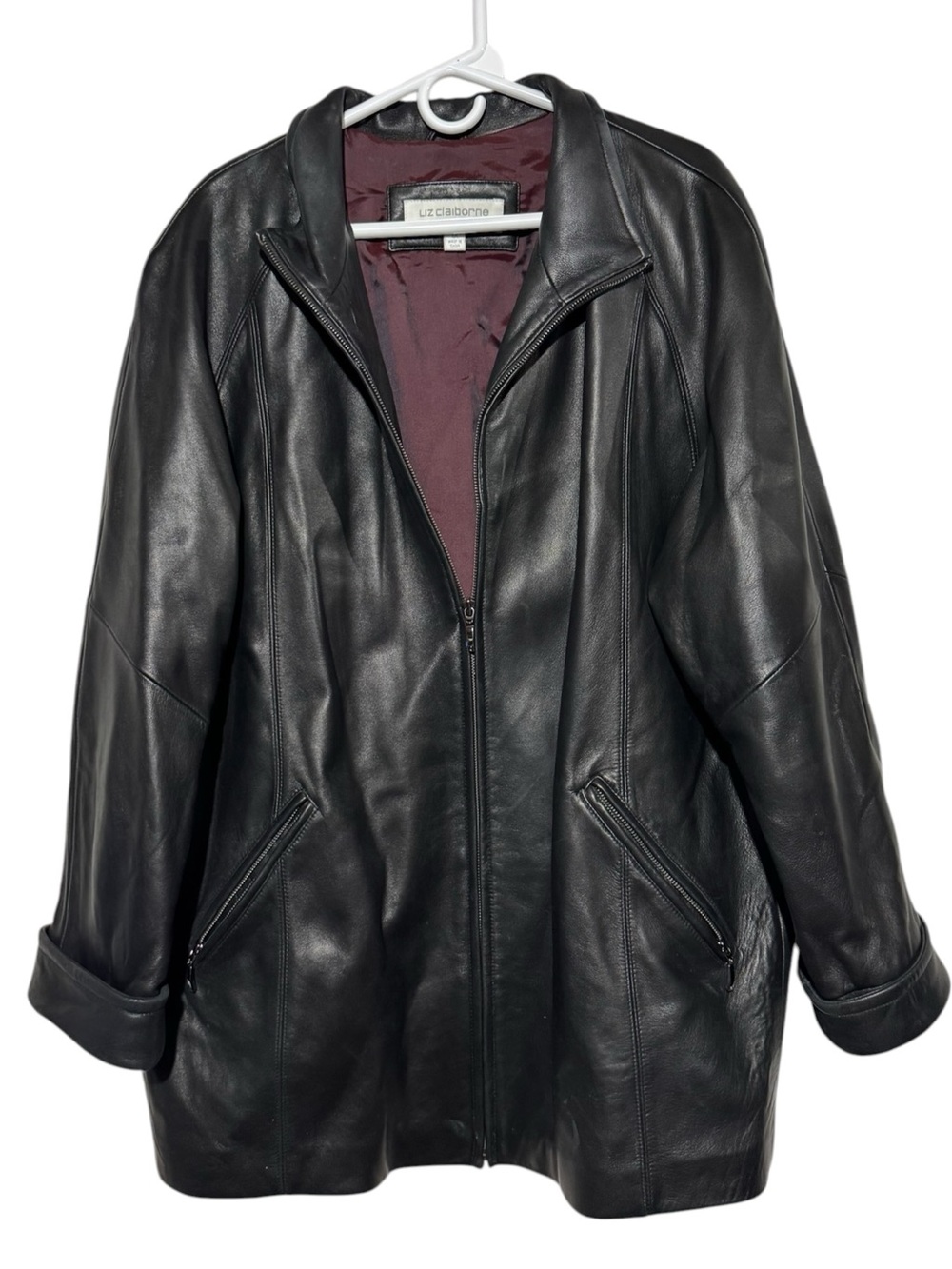 Liz Claiborne Black Leather Jacket Coat Women Plus Size 1X Long Fall Classic